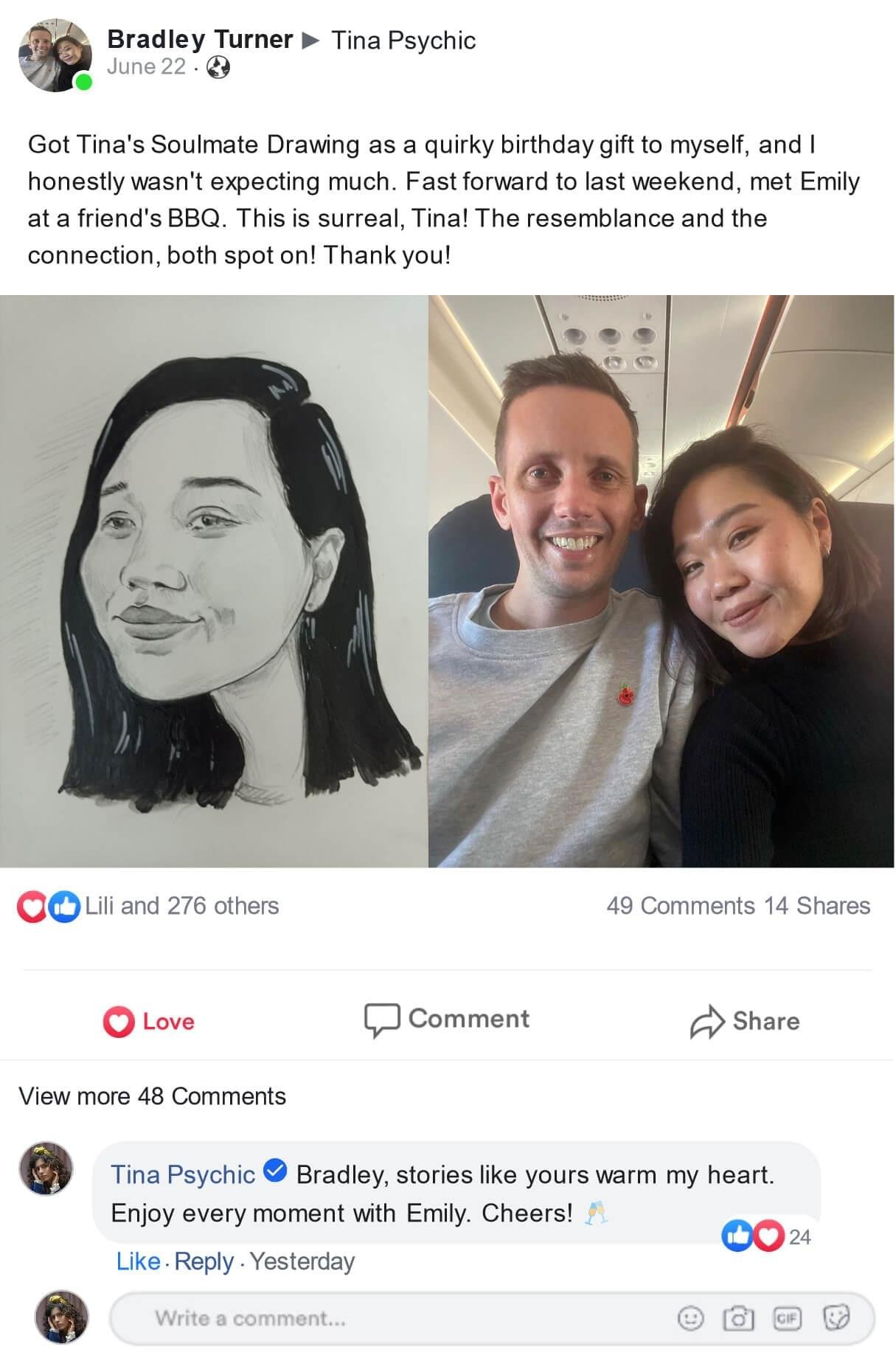 Customer post about their soulmate sketch, 3