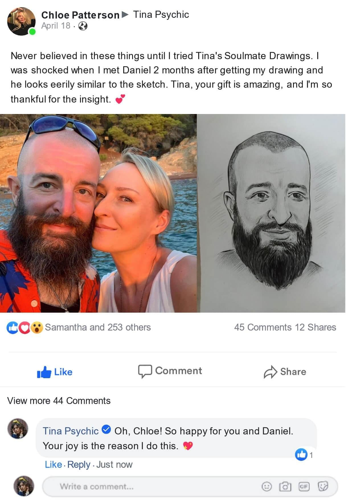 Customer post about their soulmate sketch, 1