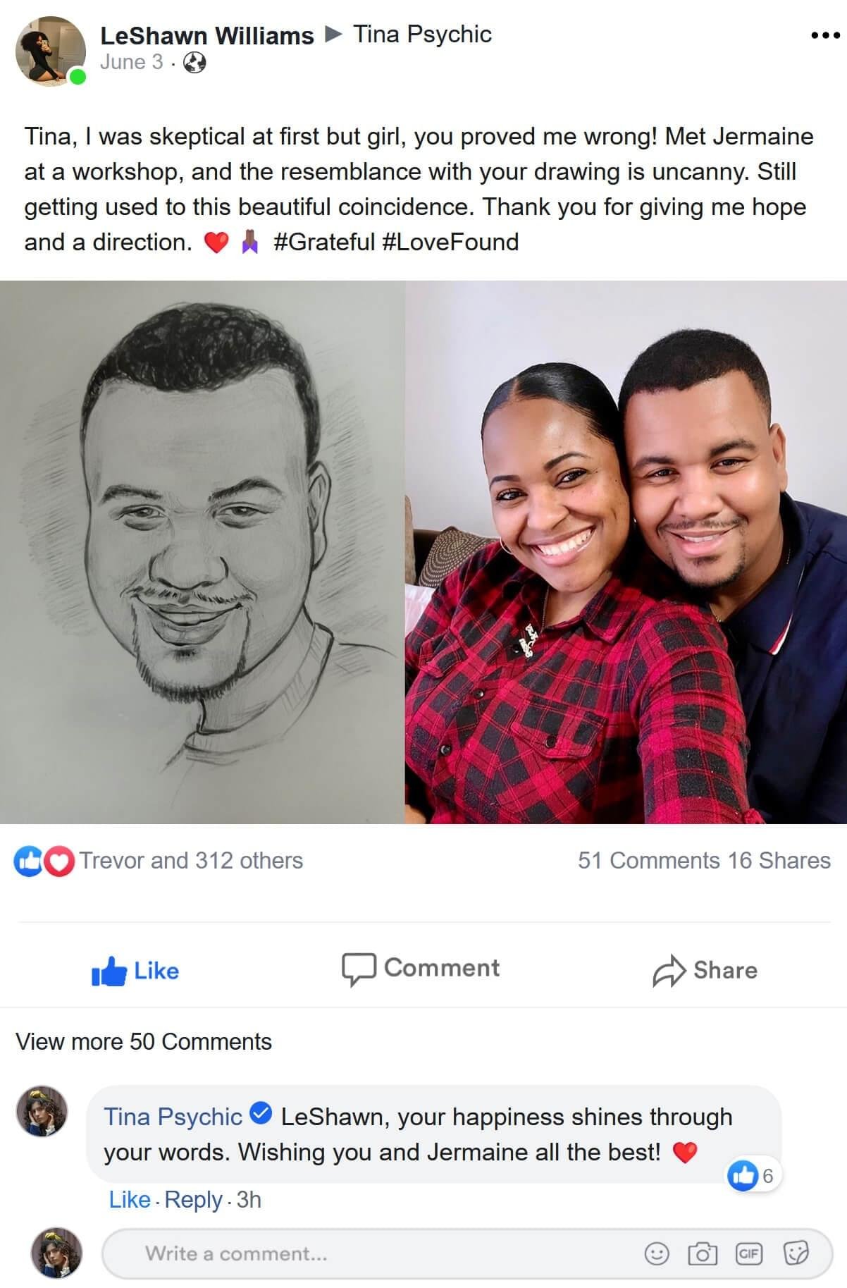 Customer post about their soulmate sketch, 2