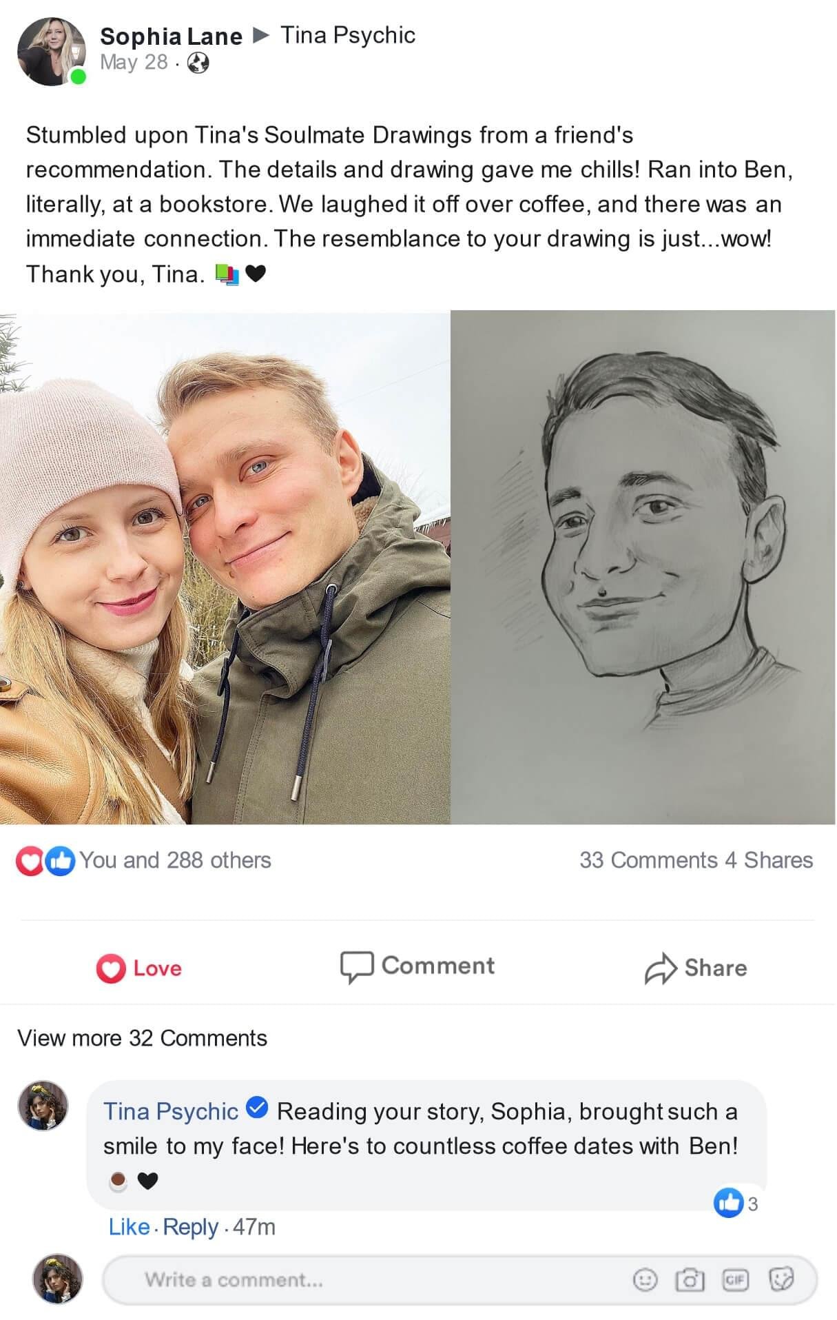 Customer post about their soulmate sketch, 4